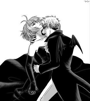 1boy 1girl antenna_hair bare_shoulders bat_wings cardcaptor_sakura closed_eyes collarbone commentary couple dress elbow_gloves english_commentary formal_clothes gloves greyscale hand_on_another&#039;s_neck hand_on_another&#039;s_waist highres kinomoto_sakura li_syaoran monochrome short_hair signature strapless strapless_dress suit syosyo_creates wings