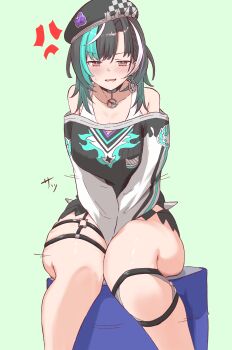 1girl beret black_choker black_dress black_hat choker dress earl_grey_no_chaba hat highres hololive hololive_dev_is looking_at_viewer o-ring o-ring_thigh_strap purple_shorts red_eyes rindo_chihaya rindo_chihaya_(1st_costume) short_hair shorts solo thigh_strap virtual_youtuber white_background