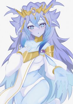 Rule 34 | 1girl, absurdres, blue eyes, blue hair, blue skin, blush, breasts, cleavage, colored skin, cowboy shot, dominus impulse, duel monster, highres, long hair, medium breasts, nekka (87398o9514), panties, pointy ears, revealing clothes, simple background, solo, underwear, white background, white panties, yu-gi-oh!