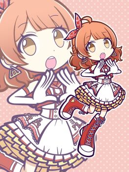 1girl ahoge boots bow brown_eyes brown_hair commentary_request deformed dot_nose dress earrings elbow_gloves food-themed_earrings frilled_dress frills full_body gakuen_idolmaster gloves gradient_hair hair_bow hanami_ume highres idolmaster jewelry layered_skirt looking_at_viewer maharagi_375p multicolored_hair open_mouth pink_background polka_dot polka_dot_background red_boots red_bow red_trim skirt sleeveless sleeveless_dress solo standing standing_on_one_leg takenami_hideyuki_(style) teeth the_rolling_riceball_(idolmaster) thigh_boots triangle_hands upper_teeth_only white_dress white_gloves zoom_layer