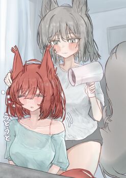 2girls absurdres animal_ear_fluff animal_ears arknights ashlock_(arknights) bare_shoulders blue_shirt blush breasts closed_eyes closed_mouth collarbone commentary_request curtains day drying drying_another&#039;s_hair drying_hair flametail_(arknights) grey_eyes grey_hair grey_shorts hair_between_eyes hair_dryer highres holding indoors medium_breasts multiple_girls off_shoulder parted_lips red_hair rorumarimo shirt short_hair short_shorts shorts smile sunlight tail white_shirt window