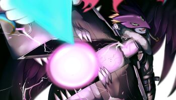 1boy aiming arm_cannon beelzebumon beelzebumon_blast_mode black_jacket black_wings blonde_hair blue_skin colored_skin cowboy_shot digimon digimon_(creature) electricity energy_ball eye_mask feathered_wings green_eyes jacket male_focus mask okome_digi short_hair simple_background solo third_eye weapon white_background wings