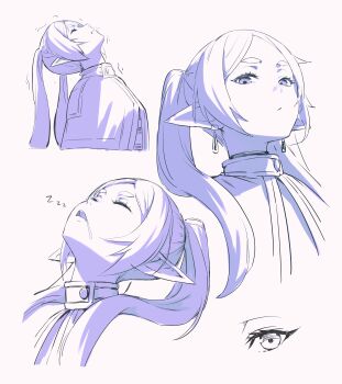 1girl absurdres capelet closed_eyes closed_mouth commentary_request drooling elf frieren hair_over_shoulder highres jchoy long_hair meme monochrome multiple_views open_mouth pink_background pointy_ears purple_eyes saliva shirt short_eyebrows simple_background sousou_no_frieren striped_clothes striped_shirt thick_eyebrows twintails upward_angle_frieren_drawing_(meme)