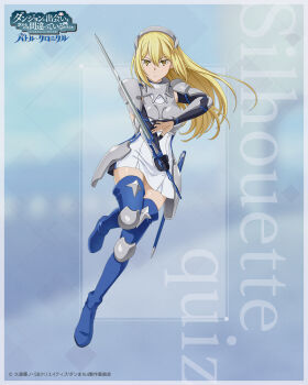 1girl aiz_wallenstein anime_coloring armor black_gloves blonde_hair blue_boots boobplate boots breastplate breasts commentary_request copyright_name danmachi_battle_chronicle dress dungeon_ni_deai_wo_motomeru_no_wa_machigatteiru_darou_ka elbow_gloves faulds full_body gloves hair_between_eyes hairband highres holding holding_sword holding_weapon long_hair looking_at_viewer medium_breasts metal_hairband microdress official_art parted_lips second-party_source serious shoulder_armor sleeveless sleeveless_dress solo sword thigh_boots vambraces weapon white_dress yellow_eyes