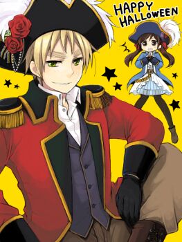 1boy 1girl alternate_costume ankle_boots ascot axis_powers_hetalia belt bicorne black_pantyhose blonde_hair blush boots brown_eyes brown_hair captain_hook captain_hook_(cosplay) cosplay cross-laced_footwear english_text epaulettes flower frilled_skirt frills gem gloves gold green_eyes grin hair_ribbon halloween happy_halloween hat hat_feather hat_flower inari_(25) james_hook james_hook_(cosplay) long_hair miniskirt open_mouth pants pantyhose pigeon-toed pirate red_flower red_rose ribbon rose seychelles_(hetalia) simple_background sitting skirt smile star_(symbol) steepled_fingers surprised sweat swept_bangs tegaki thick_eyebrows tricorne twintails united_kingdom_(hetalia) yellow_background