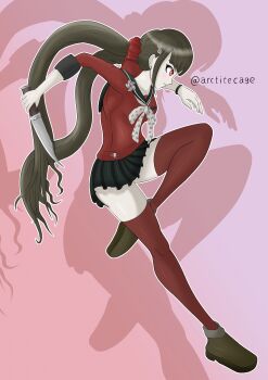 1girl arctitecage danganronpa_(series) danganronpa_v3:_killing_harmony drop_shadow dynamic_pose from_side harukawa_maki highres holding holding_knife knife original self-upload simple_background solo