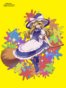 1girl apron back_bow blonde_hair blue_hat blue_skirt blue_vest bow braid breasts broom broom_riding commentary_request full_body hair_bow hat hat_bow highres kirisame_marisa long_hair looking_at_viewer official_alternate_costume one_eye_closed open_mouth puffy_short_sleeves puffy_sleeves short_sleeves side_braid signature single_braid skirt small_breasts smile solo touhou umigarasu_(kitsune1963) urban_legend_in_limbo very_long_hair vest waist_apron watermark white_apron white_bow witch_hat yellow_background yellow_eyes
