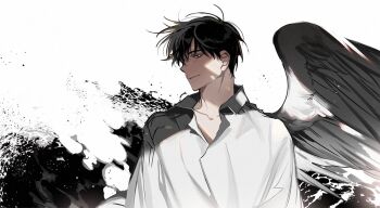 1boy black_eyes black_hair black_wings collared_shirt commentary dappled_sunlight english_commentary feathered_wings hinizana kim_dokja korean_commentary light_smile looking_at_viewer male_focus omniscient_reader&#039;s_viewpoint shirt short_hair single_wing solo sunlight upper_body white_shirt wings