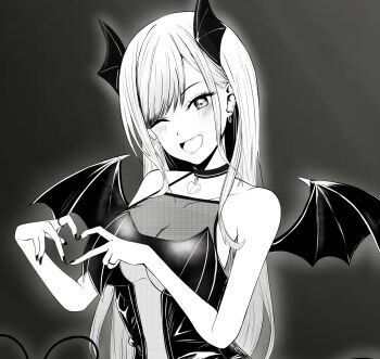 absurdres bare_shoulders batto_neko blush breasts demon_girl demon_horns demon_tail demon_wings grey_background greyscale head_wings heart heart_hands highres horns kitagawa_marin large_breasts long_hair monochrome multiple_wings one_eye_closed see-through_clothes simple_background sono_bisque_doll_wa_koi_wo_suru tail upper_body wings