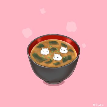 animal animal_focus bowl commentary_request food hamster in_food miso_soup no_humans original pink_background simple_background steaming_food upiupisyo