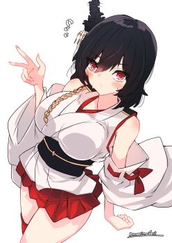 1girl absurdres artist_name black_hair cowboy_shot detached_sleeves flying_sweatdrops headgear highres kantai_collection looking_at_viewer momimaki nontraditional_miko one-hour_drawing_challenge pleated_skirt red_eyes red_skirt shirt skirt sleeveless sleeveless_shirt solo v yamashiro_(kancolle)