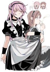 Rule 34 | 2girls, alternate costume, apron, bang dream!, bang dream! it&#039;s mygo!!!!!, black choker, black dress, black hairband, black wrist cuffs, blue eyes, brown hair, chihaya anon, choker, closed eyes, closed mouth, commission, cup, dress, enmaided, fang, grey eyes, hairband, highres, holding, holding cup, lanserongjie, long hair, looking at viewer, maid, maid apron, maid headdress, multiple girls, nagasaki soyo, open mouth, pink hair, puff of air, puffy short sleeves, puffy sleeves, second-party source, short sleeves, sidelocks, simple background, skin fang, skirt hold, steam, waist apron, white apron, white background, white wrist cuffs, wrist cuffs