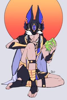 Rule 34 | 1boy, ancient egyptian clothes, animal ears, animal hat, artist name, black hat, black shorts, cyno (genshin impact), dark-skinned male, dark skin, eating, food, fruit, full body, genshin impact, grey background, hair over one eye, hat, highres, holding, holding food, holding fruit, jackal ears, jewelry, knee up, korean commentary, long hair, looking at viewer, male focus, moon, red eyes, red moon, shorts, simple background, sitting, solo, to dot , toes, white hair