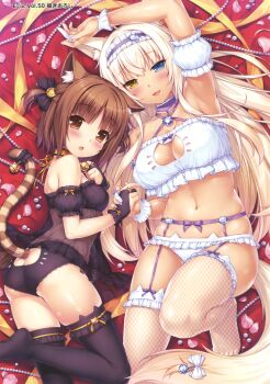 10s 2girls :3 :d absurdres adapted_costume age_difference animal_ear_fluff animal_ear_legwear animal_ears arm_cuffs arm_up armpits ass ass_cutout azuki_(nekopara) bare_shoulders bell black_gloves black_legwear black_panties blonde_hair blue_eyes blush bow bra breasts bridal_gauntlets brown_eyes brown_hair butt_crack cat_cutout_panties cat_ear_legwear cat_ear_panties cat_ear_thighhighs cat_ears cat_girl cat_hair_ornament cat_lingerie cat_tail cat_thighhighs chestnut_mouth choker cleavage cleavage_cutout clothing_cutout coconut_(nekopara) criss-cross_halter dark-skinned_female dark_skin detached_sleeves feet fingerless_gloves fishnet_legwear fishnets frilled_panties frills garter_belt garter_straps gem gloves hair_ornament hairband halterneck hand_grab hand_on_own_chest heterochromia highres jewelry jingle_bell large_breasts leg_up lingerie loli lolita_hairband long_hair looking_at_viewer lying multiple_girls nail_polish navel neck_bell necklace nekopara no_shoes on_back on_side onee-loli open_mouth panties pearl_(gemstone) pearl_necklace petals platinum_blonde_hair puffy_detached_sleeves puffy_sleeves purple_nails ribbon ring sayori_(neko_works) scan short_hair short_twintails sidelocks slit_pupils small_breasts smile striped_tail tail tail_bell tail_bow tail_ornament thighhighs toes twintails two_side_up underwear underwear_only unmoving_pattern very_long_hair white_bra white_gloves white_panties yellow_eyes yellow_nails yuri