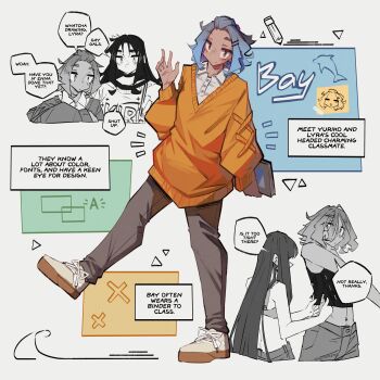 1other 2girls absurdres blush book bra brown_eyes character_name chest_binder choker closed_mouth commentary dark_skin english_commentary english_text grey_pants hair_ornament hairclip highres holding holding_book long_sleeves looking_at_viewer mole mole_under_eye multiple_girls navel orange_sweater original pants parallel_hairclips partially_colored shirt_under_sweater shoes short_hair smile sneakers speech_bubble sweater togekk0 underwear white_shoes