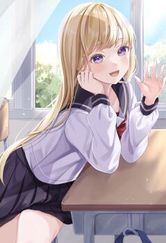 1girl absurdres black_sailor_collar black_skirt blonde_hair blue_sky blush bow bowtie buntason_(buritarooooo) chair classroom commentary_request cowboy_shot crossed_legs curtains day desk elbows_on_table hands_up highres indoors leaning_on_object long_hair long_sleeves looking_at_viewer open_mouth open_window original pleated_skirt purple_eyes red_bow red_bowtie sailor_collar school_chair school_desk school_uniform serafuku shirt sitting skirt sky smile solo straight_hair tree waving white_shirt wind window
