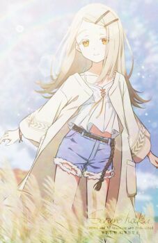 1girl aoi_thomas belt black_belt blonde_hair blue_sky blurry blurry_background camisole closed_mouth collarbone colored_eyelashes day denim denim_shorts depth_of_field feet_out_of_frame flipped_hair gakuen_idolmaster gradient_hair grey_hair hair_ornament hairclip hashtag-only_commentary idolmaster lens_flare long_hair long_sleeves looking_at_viewer midriff_peek multicolored_hair open_clothes open_robe orange_eyes orange_ribbon outdoors parallel_hairclips parted_bangs ribbon robe rope_belt shinosawa_hiro shorts signature sky smile solo standing watermark wheat_field white_camisole white_robe wristband