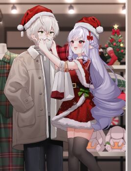 1boy 1girl ahoge alternate_costume bag black_pants black_thighhighs blurry blurry_background blush brown_jacket closed_mouth commentary_request cowboy_shot crossed_bangs dress drill_hair drill_sidelocks fake_beard fake_facial_hair fake_mustache fur-trimmed_dress fur-trimmed_headwear fur-trimmed_jacket fur_trim green_eyes grey_hair hair_between_eyes hand_in_pocket hat highres holding holding_bag indoors ine_(ineinnen) jacket long_hair looking_at_another mole mole_under_eye open_mouth pants pointy_ears pom_pom_(clothes) price_tag purple_hair red_eyes red_hat santa_costume santa_dress santa_hat shop shopping_bag short_hair sidelocks stuffed_animal stuffed_toy thighhighs turtleneck vivian_banshee wise_(zenless_zone_zero) zenless_zone_zero