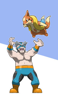 1boy arms_up blacknirrow blue_background blue_pants boots commentary crasher_wake english_commentary fang floatzel gen_4_pokemon highres muscular muscular_male navel nintendo open_mouth orange_boots pants pectorals pokemon pokemon_(creature) pokemon_dppt simple_background teeth two-tone_background white_background wrestling_mask