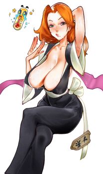 1girl arm_behind_head armpit_crease armpits bleach blue_eyes breasts collarbone crossed_legs highres hot labslider large_breasts long_hair matsumoto_rangiku mole mole_under_mouth orange_hair sagging_breasts simple_background sitting sweat white_background