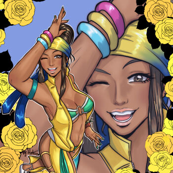 1girl ass bikini breasts brown_eyes brown_hair dancer dark-skinned_female dark_skin hairband helsic huge_breasts large_breasts long_hair looking_at_viewer one_eye_closed panties smile smiley_face standing swimsuit tan the_king_of_fighters thick_thighs thighs toned toned_female underwear zarina