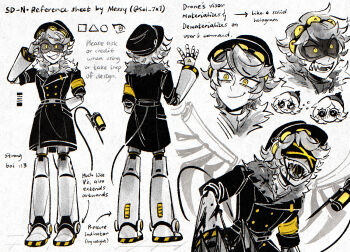 1boy 1girl android armband black_jacket reference_sheet grey_hair hat horizontal-striped_socks humanoid_robot jacket looking_at_viewer machine mechanical_arms mechanical_legs murder_drones n_(murder_drones) open_mouth orange_armband redesign robot rocket_boots short-sleeved_jacket short_hair short_sleeves smile sunlit-mess tail uzi_(murder_drones) white_hair wings yellow_armband yellow_eyes