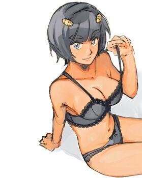 1girl black_bra black_hair black_panties bow bow_panties bra bra_pull breasts bruno_bucciarati cleavage clothes_pull collarbone commentary dark-skinned_female dark_skin genderswap genderswap_(mtf) grey_eyes highres jojo_no_kimyou_na_bouken lace lace-trimmed_bra lace-trimmed_panties lace_trim looking_at_viewer malan navel panties short_hair simple_background sitting solo string_pull underwear underwear_only vento_aureo white_background
