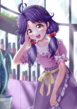 1girl :d ahoge arm_up blurry blurry_foreground blush bow collarbone cosmetics depth_of_field eyelashes frilled_skirt frills hair_bow hair_ornament hairclip hand_on_own_face highres leaning_forward lens_flare light_beam long_hair long_skirt looking_at_object low_twintails mymo0527 open_mouth precure purple_shirt purple_skirt red_bow ribbon round_teeth shiny_skin shirt short_sleeves signature skirt sleeve_bow smile solo sparkle suzumura_sango teeth tropical-rouge!_precure twintails white_bow window yellow_eyes yellow_ribbon