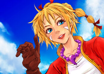 1girl bead_necklace beads blonde_hair blue_eyes blue_sky brown_gloves chrono_cross cloud cloudy_sky commentary_request d-maker facial_mark from_below gloves gold_trim hair_ribbon jacket jewelry kid_(chrono_cross) long_hair multi-tied_hair necklace open_mouth ponytail red_jacket red_ribbon ribbon shirt sky smile solo teeth upper_body upper_teeth_only white_shirt