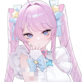 Rule 34 | 1girl, arm warmers, blue eyes, collar, drill hair, frilled sleeves, frills, hair ornament, hair ribbon, hairpin, kusuri nemui, long hair, makeup, multicolored eyes, ohisashiburi, original, pink collar, project luminasys, purple eyes, purple hair, ribbon, simple background, solo, spiked collar, spikes, star (symbol), star hair ornament, twin drills, white background