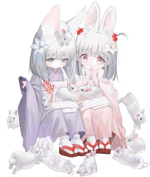 2girls ahoge animal animal_ear_fluff animal_ears animal_on_head blue_eyes brown_eyes commentary_request covering_own_mouth doubutsunoujyou flower grey_hair hair_flower hair_ornament has_bad_revision has_downscaled_revision highres japanese_clothes kimono looking_at_viewer md5_mismatch multiple_girls on_head original rabbit rabbit_ears rabbit_girl resolution_mismatch sandals shoes sitting sleeves_past_fingers sleeves_past_wrists socks source_smaller tabi white_background