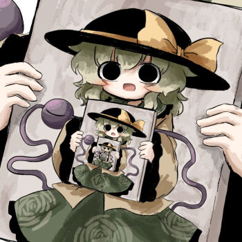 1girl black_eyes black_hat green_hair green_skirt hat hat_ribbon heripantomorrow holding_painting komeiji_koishi long_sleeves painting_(object) recursion ribbon shirt short_hair skirt third_eye touhou yellow_ribbon yellow_shirt