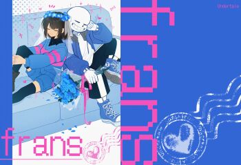 1boy 1girl :d absurdres ankle_boots back-to-back black_pants black_shirt black_thighhighs blue_flower blue_jacket blue_petals blue_rose blue_shoes blue_shorts blue_sweater bone boots bouquet breasts brown_boots brown_hair chinese_commentary closed_eyes closed_mouth collared_shirt commentary_request copyright_name couch denim denim_shorts dot_nose drawstring film_grain flower flower_wreath foot_out_of_frame frisk_(undertale) full_body genderswap genderswap_(otf) grey_hood grin halftone halftone_background hanbaobaobaozhu hands_on_own_leg head_wreath heart hetero highres holding holding_bouquet hood hood_down hooded_jacket jacket knee_up long_sleeves on_couch open_clothes open_jacket open_mouth pants pink_sweater puffy_long_sleeves puffy_sleeves rose sans_(undertale) see-through_clothes see-through_veil ship_name shirt shoelaces shoes short_hair shorts simple_background single_vertical_stripe sitting small_breasts smile sparkle striped_clothes striped_sweater sweater thighhighs two-tone_sweater u_u undertale utdr_(toby_fox) v-neck veil white_background white_shirt white_veil