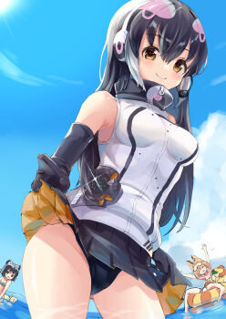 1girl absurdres african_penguin_(kemono_friends) animal_ears black_eyes black_gloves black_hair common_raccoon_(kemono_friends) gloves greater_bird-of-paradise_(kemono_friends) highres kemono_friends kemono_friends_v_project long_hair looking_at_viewer mappuri multicolored_hair necktie serval_(kemono_friends) shirt shoes simple_background skirt smile solo tail virtual_youtuber white_shirt
