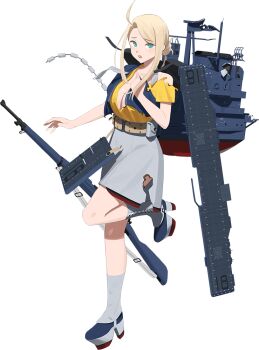 1girl anti-aircraft anti-aircraft_gun apron asymmetrical_hair bad_link belt blonde_hair blue_eyes blue_shirt bolt_action breasts brown_belt burnt_clothes flight_deck full_body grey_neckerchief grey_skirt gun kantai_collection large_breasts long_hair looking_at_viewer m1903_springfield machinery neck_pillow neckerchief oerlikon_20mm_gun rifle rigging shibafu_(glock23) shirt skirt standing transparent_background undershirt wasp_(kancolle) weapon yellow_shirt