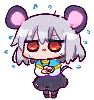 1girl :3 animal_ears black_pantyhose black_skirt blue_capelet blush brown_shoes capelet chibi closed_mouth commentary_request flying_sweatdrops full_body grey_hair hair_between_eyes kasuga_yuuki long_sleeves mouse_ears mouse_girl mouse_tail nazrin own_hands_together pantyhose red_eyes shirt shoes simple_background skirt solo standing sweat tail touhou white_background white_shirt