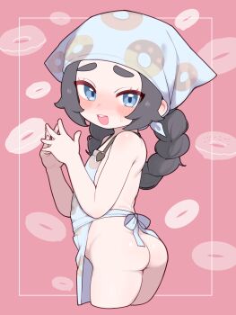 1girl absurdres ansha_(pokemon) apron ass black_hair blue_eyes blush flat_chest headscarf highres lk149 loli looking_at_viewer medium_hair naked_apron nintendo open_mouth pink_background pokemon pokemon_legends:_z-a solo teeth upper_teeth_only