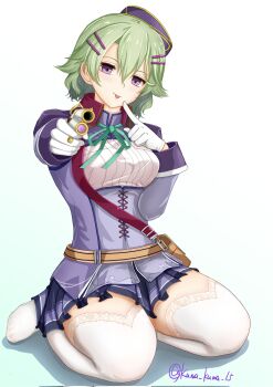 1girl :p aiming aiming_at_viewer artist_name belt belt_pouch black_hat breasts brown_belt closed_mouth commentary eiyuu_densetsu finger_to_mouth framed_breasts gloves green_hair green_ribbon gun hair_between_eyes hair_ornament hairclip hat highres holding holding_gun holding_weapon kuma_kuma_15 medium_breasts miniskirt musse_egret neck_ribbon no_shoes parallel_hairclips pleated_skirt pouch purple_eyes purple_shirt purple_skirt ribbon seiza sen_no_kiseki sen_no_kiseki_(series) sen_no_kiseki_iii shirt short_hair sitting skirt smile solo thick_thighs thighhighs thighs tongue tongue_out twitter_username weapon white_gloves white_thighhighs zettai_ryouiki