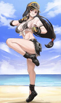 Rule 34 | 1girl, armlet, bare legs, baseball cap, beach, bikini, bikini under clothes, black bikini, black footwear, black hair, blue sky, breasts, burnt green tea, cloud, cloudy sky, collarbone, commentary, crop top, day, denim, denim skirt, earrings, elbow pads, english commentary, fighting stance, final fantasy, final fantasy vii, final fantasy vii: ever crisis, fingerless gloves, frayed clothes, frayed skirt, full body, gloves, grey skirt, hat, highleg, highleg bikini, highres, horizon, index finger raised, jewelry, knee up, large breasts, lifeguard, long hair, looking at viewer, low-tied long hair, midriff, miniskirt, navel, ocean, official alternate costume, outdoors, parted lips, red eyes, sand, see-through clothes, see-through shirt, shirt, short sleeves, side-tie bikini bottom, single earring, single elbow pad, skirt, sky, smile, solo, standing, standing on one leg, swimsuit, thighs, tied shirt, tifa lockhart, tifa lockhart (lifeguard), tiptoes, two-tone headwear, wet, wet clothes, wet shirt, whistle, whistle around neck