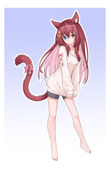 1girl :3 absurdres animal_ear_fluff animal_ears barefoot blue_background blue_eyes breasts brown_eyes brown_hair cat_ears cat_girl cat_tail clothes_tug colored_inner_hair commentary_request full_body gradient_background grey_shorts hair_ornament heterochromia highres long_hair long_sleeves looking_at_viewer multicolored_hair off_shoulder original pink_hair short_shorts shorts simple_background single_bare_shoulder small_breasts smile star-shaped_pupils star_(symbol) star_hair_ornament sweater sweater_tug symbol-shaped_pupils tail two-tone_hair white_background white_sweater ze_zhi_ai