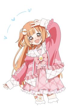 1girl arm_up bandaid_on_thigh belt blush bow bowtie cropped_legs drawstring egg_hair_ornament food-themed_hair_ornament frilled_jacket frilled_sailor_collar frills gem genkizaurusu589 hair_ornament hair_ribbon heart heart_background highres hood hooded_jacket jacket kirara_tamako kirara_tamako_(2nd_costume) long_hair long_sleeves looking_at_viewer nijisanji open_clothes open_jacket open_mouth orange_eyes orange_hair petticoat pink_belt pink_bow pink_bowtie pink_jacket pink_skirt plaid_clothes plaid_skirt pleated_skirt puffy_long_sleeves puffy_sleeves ribbon sailor_collar shirt simple_background skirt sleeves_past_wrists smile solo standing sticker_on_leg striped_bow striped_bowtie striped_clothes thighhighs two-sided_fabric two-sided_jacket two_side_up v virtual_youtuber white_background white_ribbon white_sailor_collar white_shirt white_thighhighs yellow_gemstone