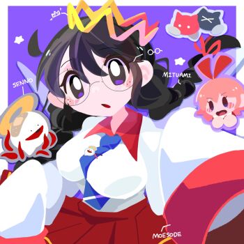 Rule 34 | 2girls, black hair, braid, breasts, crown, fairy, fairy wings, glasses, highres, kirby (series), kirby 64, long hair, low twin braids, multiple girls, n-z, nintendo, omame sakana, one-eyed, pink hair, purple background, purple eyes, red eyes, ribbon (kirby), ripple star queen, simple background, twin braids, wings, zero two (kirby)