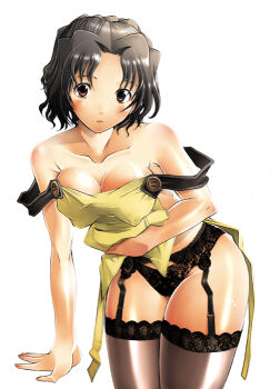 00s 1girl apron black_hair blush breasts brown_eyes brown_hair cleavage covered_erect_nipples female_focus garter_belt housewife mature_female medium_breasts panties sakai_hamachi short_hair solo thighhighs to_heart_(series) to_heart_2 underwear yuzuhara_haruka