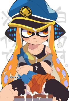 ... 1girl after_vaginal agent_3_(splatoon) black_pantyhose black_tank_top blue_hat blush_stickers breasts captain_3_(splatoon) cloak closed_mouth crossed_arms cum cum_in_pussy cum_on_clothes cum_on_headwear cumdrip detached_sleeves half-closed_eye hat headphones highres inkling inkling_girl inkling_player_character kiirono long_hair long_sleeves looking_to_the_side medium_breasts nintendo orange_eyes orange_hair pantyhose patchwork_clothes peaked_cap sideways_hat single_bare_shoulder sitting solo splatoon_(series) splatoon_3 spoken_ellipsis sweat tank_top tentacle_hair torn_cloak torn_clothes torn_pantyhose translation_request twintails twitter_username uneven_eyes white_background
