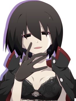 1girl black_bra black_eyes black_gloves black_hair black_jacket bra collarbone drop_shadow empty_eyes flat_chest gloves hair_between_eyes hand_up highres jacket jacket_on_shoulders lace_trim looking_at_viewer monogatari_(series) nano-tan_(sakuta_sakuzi) naoetsu_high_school_uniform narrowed_eyes open_mouth oshino_ougi red_trim school_uniform short_hair signature simple_background smile solo straight-on underwear upper_body white_background