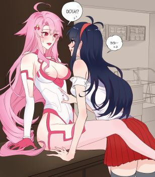 3mek0 ahoge antenna_hair black_hair blush bodysuit cafe commission commissioner_upload curtained_hair finger_to_another's_stomach hair_ornament hairband hairpin highres lilim_(sakura_cupid) mitsuki_(sakura_cupid) non-web_source pink_eyes pink_hair red_hairband sakura_cupid sitting sitting_on_table yuri