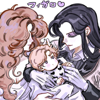 3boys baby baby_carry bishounen black_hair blonde_hair blush boy_sandwich carrying character_name collared_shirt commentary_request contrast_lapels earrings eyelashes eyeshadow facing_another family family_bonding figaro_bancoran gloves hair_over_one_eye hand_grab hand_on_another's_head heart heart_print highres implied_male_pregnancy jack_barbarosa_bancoran jacket jewelry lapels light_smile long_hair long_sleeves looking_at_another makeup maraich_juschenfe multiple_boys ohn_(hiyu194) pale_skin parted_bangs parted_lips patalliro! pink_jacket portrait purple_eyeshadow sandwiched shirt sideways_glance simple_background sketch sleeve_cuffs straight_hair stud_earrings swaddled translated v-neck wavy_hair white_background white_gloves white_shirt widow's_peak