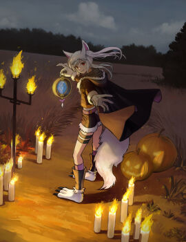 1girl absurdres animal_ears black_coat black_shorts candle coat dragonstone fake_animal_ears fake_tail female_robin_(fire_emblem) female_robin_(grima)_(fire_emblem) female_robin_(grima)_(halloween)_(fire_emblem) fire_emblem fire_emblem_awakening fire_emblem_heroes full_body fur_trim gloves halloween highres holding imageprogram_(kent) jack-o&#039;-lantern looking_at_viewer nintendo official_alternate_costume outdoors pumpkin purple_socks red_eyes shorts smile socks solo tail teeth twintails white_gloves white_hair white_tail wolf_ears