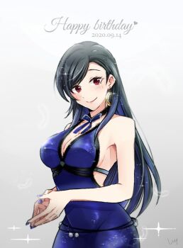 1girl bare_arms bare_shoulders black_hair blue_dress blue_nails blush breasts cleavage closed_mouth commentary_request crescent crescent_earrings crescent_moon dated dress earrings final_fantasy final_fantasy_vii final_fantasy_vii_remake gradient_background hair_behind_ear happy_birthday jewelry large_breasts long_hair looking_at_viewer moon nail_polish neck_ribbon official_alternate_costume own_hands_together red_eyes ribbon sin_3794 smile solo sparkle swept_bangs tifa_lockhart tifa_lockhart_(refined_dress) upper_body