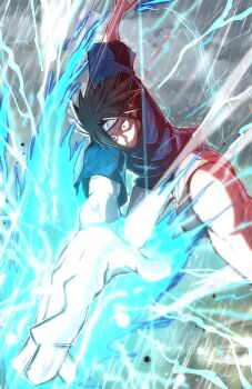 1boy black_hair blue_shirt chidori_(naruto) electricity eye_trail highres light_trail male_focus medium_hair naruto_(classic) naruto_(series) red_eyes sharing shirt shorts solo thatamaan uchiha_sasuke white_shorts